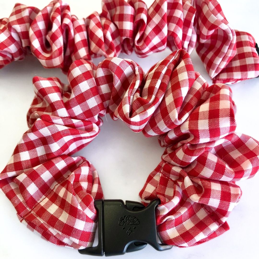 Gingham Red Buckle Scrunchie - No Tangles, No Pulling, No Breakage - Hair Ponytail Holder