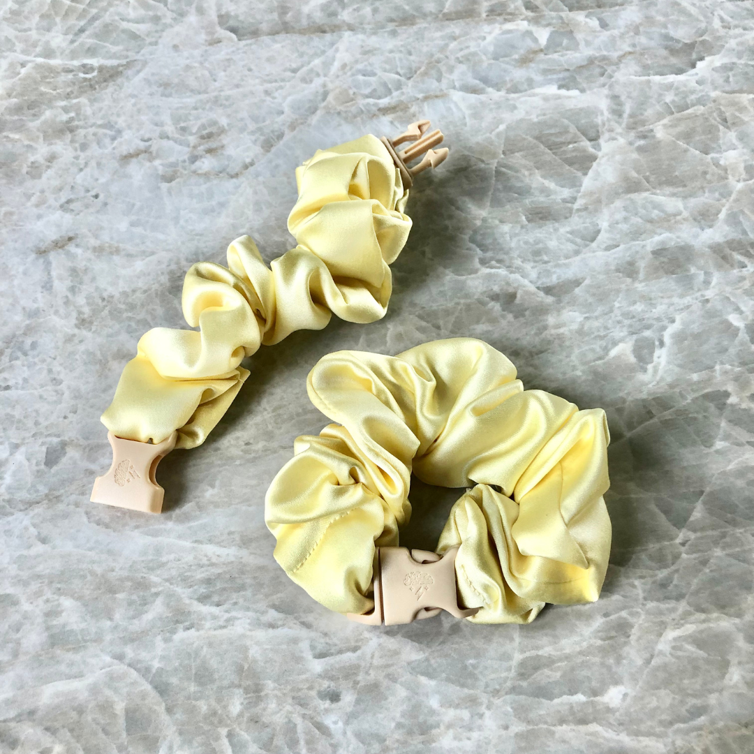 Two yellow buckle scrunchies - the no damage, no pulling, no tangles hair tie and scrunchie hair accessories