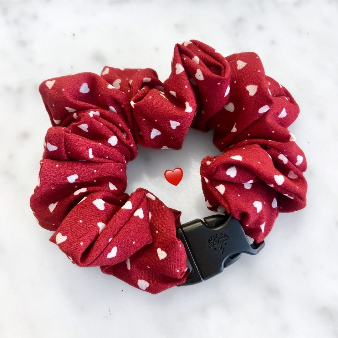 Hearts Red Buckle Scrunchie - No Tangles, No Pulling, No Breakage - Hair Ponytail Holder