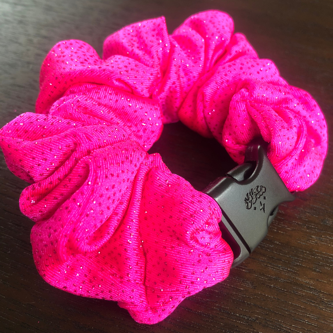 Buckle Scrunchie - Hot Pink Sparkles - No Tangles, No Pulling, No Breakage - Hair Ponytail Holder