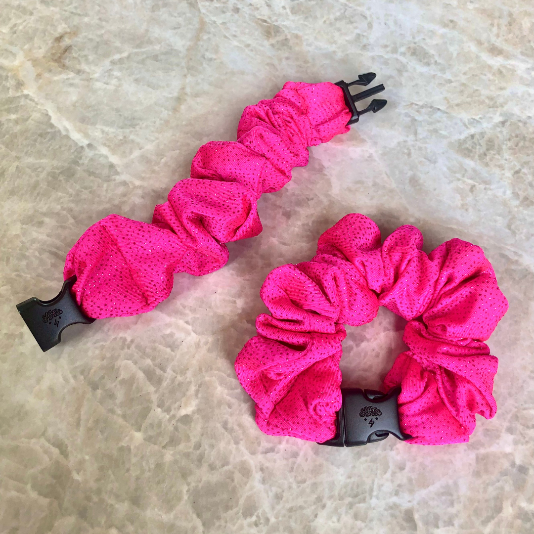 Buckle Scrunchie - Hot Pink Sparkles - No Tangles, No Pulling, No Breakage - Hair Ponytail Holder