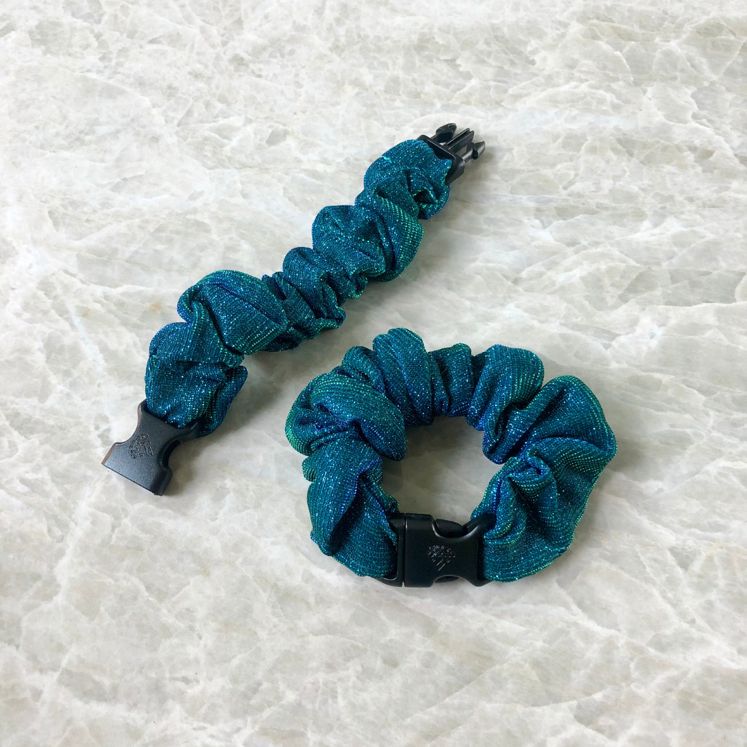 Two teal glitter buckle scrunchies - the no damage, no pulling, no tangles hair tie and scrunchie hair accessories